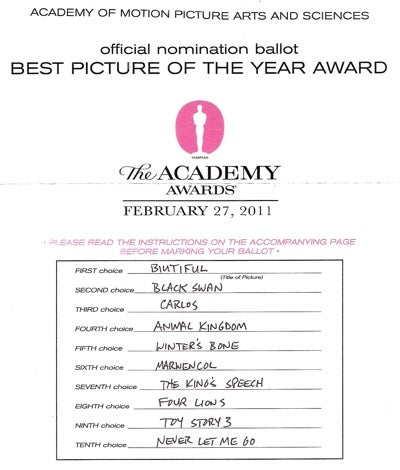 2010 Oscar ballot